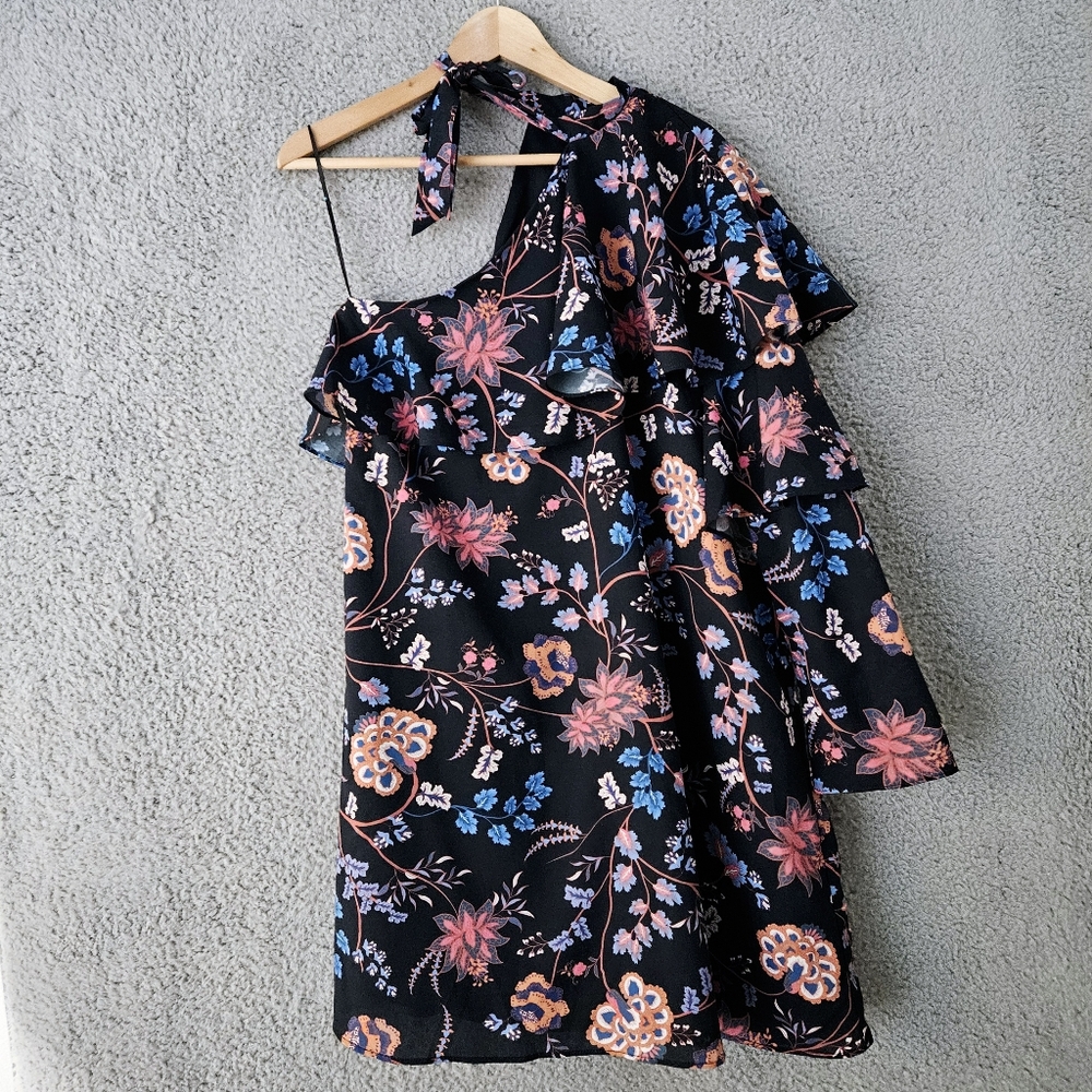 Ella Moon One Shoulder Mini Dress Large L Floral Ruffle Bow Tie Neck Blue Pink - Picture 4 of 15